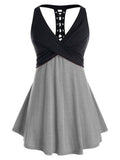 Tank Top Women Sleeveless Colorblock Shirt Summer Casual Ladies Lace Up Crossover Tanks V Neck
