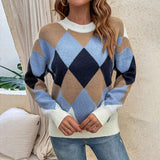Autumn Women Color Block Knitted Sweater Casual Argyle Print Long Sleeve O-neck Knitwear Blue Brown Winter Pullovers