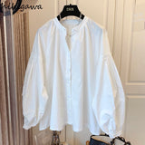 Blouse Women V-neck Puff Sleeve Folds Loose Shirts Temperament Ladies Tops Korean Elegant Blusas Mujer De Moda