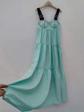 Patchwork Diamonds Dress For Women V Neck Sleeveless Loose Solid Midi Dresses Female Sexy Clothing Style New