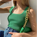 Green Summer Knitted 2021 Y2K Fashion Mini Sleeveless T Shirt Skinny Casual Khaki Beach Crop Tops Sexy Club Tank