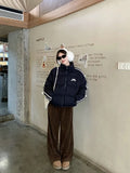 Navy Blue Bow Stripe Puffer Jacket-Outfit