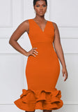 Sexy V-neck Sleeveless Solid Ruffles Layered Midi