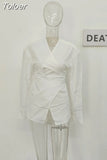 Fashion Women's Irregular Shirt V-neck Cross Bandage Waist Long Sleeve Blue White Yellow Thin Blouse Summer 2023 New