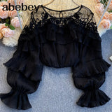 Mesh Splice Blouse Women Elegant Solid Puff Sleeve Lace Ruffles Blouses Autumn Casual Loose Streetwear