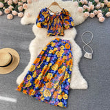 Summer Bohemian Women Floral Printed Two Piece Set Sexy Beach Suit Square Collar Puff Sleeve Short Tops + Skirt New Fashion