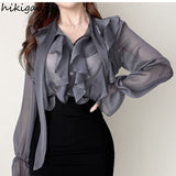 Temperament Skirt Suit Fashion 2 Piece Set for Women Thin Bandage Bow Shirt Bodycon Mini Skirts Outfits Fashion Korean