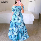 Women's Rainbow Long Dress Fashion Sexy Off Shoulder A-line Printed Maxi Dresses Boho Retro Party Evening Vestidos