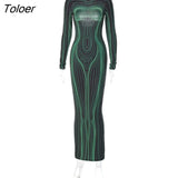 Striped Print Backless Long Sleeve Maxi Bodycon Dress 2023 Spring Autumn Women Sexy O Neck Skinny Long Dress Club