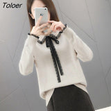 Women Winter Turn-down Collar Lace-up Lace-line Bows Pullover Womens Elegant Patchwork Loose Korean-style Simple