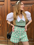 Fashion Elegant Women Puff Sleeve Patchwork Tweed Playsuits Vintage Girls Jumpsuits Pockets Ladies Plaid Romper With