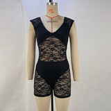 Toloer Women's Spring / Summer 2024 New Suit Fashion Sexy Tight Perspective Embroidery Short Jumpsuit Women-Outfit