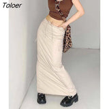 Summer Y2K Casual Long Cargo Skirts Women Solid Baggy Low Waist Midi Skirts Streetwear With Pockets Chic Vacation