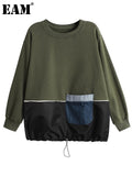 Women Army Green Pocket Big Size Casual T-shirt New Round Neck Long Sleeve Fashion Tide Spring Autumn 2023