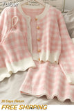 Sweet Women Three-Piece Set Plaid Pink Spring Cardigan Sweater Short Strape Camis Two Piece Set + Bodycon Mini