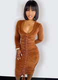 Casual Velvet Ruched V Neck Long Sleeve Bodycon