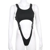 2021 Summer New Cut Out Strap Bodysuit With Buckle Off Shoulder Sleeveless Sexy Gothic Body Women Rompers Rave