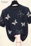 Summer Luxury Design Butterfly Nail Bead Short Sleeve Knit Sweater Korean Fashion Thin Casual Jumper Women Knitwear