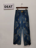 Fashion Women's Jeans High Waist Cross Contrast Color Hollow Out Metal Button Straight Denim Pants Summer 2023 New