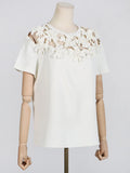 Toloer Summer New Fashion Round Collar Embroidery Flower Splicing Design Sense Versatile Hollow Short-Sleeved T Shirt Jacket Female-Outfit