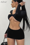 Fall Sexy Solid Hollow Out 2 Two Piece Sets Club Outfit For Women 2023 Long Sleeve V Neck Crop Top And Skirt Sets