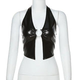Toloer Summer New Women's Fashion Hanging Neck Sexy Hollow Out Back Slim Crop PU Small Vest Woman-Outfit