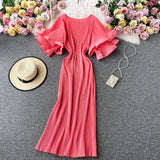 Korean Pleated Women Dress Flare Short Sleeve O-neck Causal Dresses 2023 Summer Long Robe Fashion Vestidos