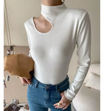 Women Black Cut-out High Elastic Knitting Brief T-shirt New Turtleneck Long Sleeve Fashion Tide Spring Autumn 2023