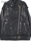 MODA Women Faux Leather Jacket Loose Sashes Casual PU Biker Jackets Outwear Female Tops BF Style Black Leather Jacket