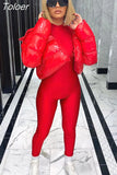 PU Latex Leather Cropped Puffer Jacket for Women Winter Clothes Warm Parka Fashion Short Outwear Bubble Coats