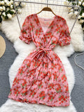 Summer Vintage Women Pleated Chiffon Dress Elegant Floral V-Neck Short Sleeve High Waist Draped A-Line Vestidos Female New