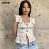 Korean Fashion Lace Patchwork Shirt Hollow Out Embroidery Blouse Japanese Harajuku Square Collar Short Sleeve Tops