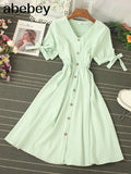 Single Breasted Women Vintage Dress Summer Short Puff Sleeve A-line Vestidos Casual Sexy V-neck Purple/White Dresses