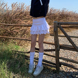Y2k White Mini Skirt Women Summer Korean Fashion Embroidered Double-layer Ruffle Fairycore Cute High Waist Skirt