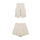Women's 2025 Spring New Fashioned Colored Flax-Blend Vest + Shorts