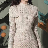 Elegant Lace Dress Women 2023 Spring Summer Hook Flower Hollow Bodycon Dress Women High Waist Diamond Button