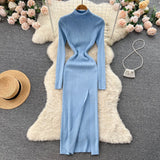 Winter Turtleneck Knitted Dress Long Sleeve Elastic Waist Slim Autumn Dress 2022 Women Solid Split Sweater Long