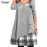 Dress Women V Neck Long Sleeves Button Decoration Dress Women Plaid Patchwork Print Loose Hem Mini Dress Female