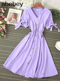 Single Breasted Women Vintage Dress Summer Short Puff Sleeve A-line Vestidos Casual Sexy V-neck Purple/White Dresses