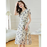 New Loose Temperament Short-Sleeved Dress Female Summer Goddess Fan Print Age Reduction Silk