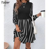 Striped Print Short Dress Fashion Black Puff Sleeve Dress Casual Elegant Button A-line New In Dresses