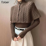 Temperament Cape Knit Two Piece Set Women New Fashion V Neck Long Sleeve Pullover Sweater Stand Collar Knit Cardigan Shawl