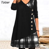 Dress Women V Neck Long Sleeves Button Decoration Dress Women Plaid Patchwork Print Loose Hem Mini Dress Female