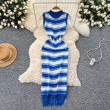 Slimming Striped Tuxedo Sweater Dress With Thin Knitted Dress Temperament