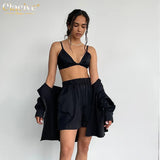 Fashion Bra + Long Sleeve Blouse 3 Piece Set Women Autumn Blue Cotton Shorts Set Casual High Waist Shorts Woman