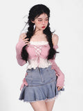 Kawaii Denim Mini Skirt Women Sexy Gyaru Pink Bow Bandage Lace Patchwork High Waist Pleated Jean Skirt Y2k Shorts