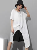 Women White Irregular Split Joint Big Size T-shirt New Round Neck Short Sleeve Fashion Tide Spring Summer 2023