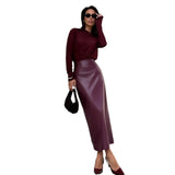 Toloer 2024 New Fashion Sexy High Leather Skirt High Waist Slim Slit Wrap Hip Skirt-Outfit