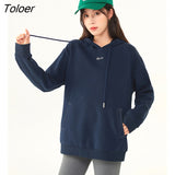Women Fleece Hooded Sweatshirt 2022 Winter Long Sleeve Loose Hoodie Navy Warm Comfort Casual Streetwear