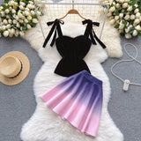French Temperament Women Party Dress Suit Fashion Velvet Bow Sling Top + Gradient A-Line Mini Skirt Female 2 pcs